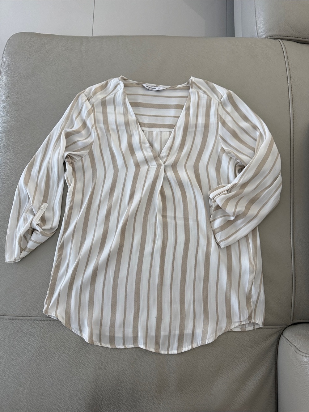 Stradivarius Beige and White Striped V-Neck Tunic